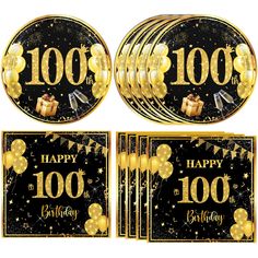 a set of black and gold birthday party supplies