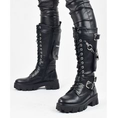 Gothic Punk Platform Boots, High Chunky Platform Boots, Riding Boots, Long Boots, Zipper Boots. PU Leather Boots. Combat Boots, Biker Boots, Punk Boots, Gothic Boots. Black Women's Boots. Looking to make a fashion statement? Then you can't go wrong with these awesome retro, motorcycle boots for women. Get your punk, goth, biker chick, vibe on with our chunky combat military style boots. Made from high quality eco-friendly PU leather that is made to last. These boots can take a few knocks and be Punk Platform Boots, Chunky Platform Boots, Black Biker Boots, Goth Biker, Boots Biker, Military Style Boots, Boots Long, Gothic Boots, Square Heels