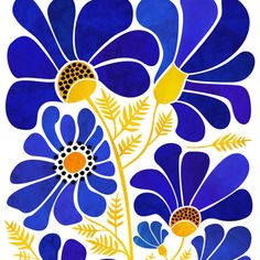 blue flowers with yellow centers are painted on white paper and the background is watercolor