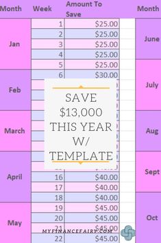 a pink and purple calendar with the words save $ 13, 000 this year w / template