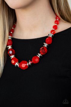 Dine and Dash - Red Item #JJG-N508 Infused with shimmery silver accents, faceted red beads gradually increase in size as they join below the collar for a fiery springtime look. Features an adjustable clasp closure. All Paparazzi Accessories are lead free and nickel free! Sold as one individual necklace. Includes one pair of matching earrings. Red Faceted Beads Jewelry For Party, Party Red Beaded Necklaces, Elegant Red And Silver Beads, Faceted Beaded Necklace For Party, Red Faceted Round Beaded Jewelry, Red Faceted Round Bead Jewelry, Red Faceted Round Beads Jewelry, Elegant Red Beaded Necklace With Silver Beads, Faceted Adjustable Beaded Necklaces For Party