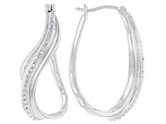 Emulous™ round white diamond accent, rhodium over brass hoop earrings. Measure approximately 1 1/4"L x 1/4"W  and have saddleback backings. White Sterling Silver Hoop Earrings With Diamond Accents, White Diamond-accented Small Hoop Earrings, White Diamond Accented Small Hoop Earrings, White Hoop Jewelry With Diamond Accents, Modern Silver Hoop Diamond Earrings, Modern Silver Hoop Earrings With Diamond Accents, Modern Silver Diamond Hoop Earrings, White Diamond Hoop Earrings With Accents, White Hoop Earrings With Diamond Accents For Anniversary