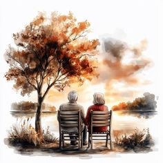 two people sitting on a bench looking out at the water and an orange tree is in the background