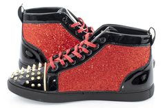 Assertive and stylish, this high-top's spiked toe and wide laces create a powerful impact, while its glittered quarter adds a dash of flair for a street-wise style. Easily paired with semi-formal or casual looks. Men's Dress Sneaker PU Leather Upper Rubber Sole High-Top Heel Spiked Cap-Toe Embedded Glitter Wide Laces Imported Runs Large* *This item runs large: we recommend sizing down at least one half-size for the best fit. Mens Dress Sneakers, Dress Sneaker, Golden Spike, Black High Tops, Red Glitter, Wedge Sneaker, Lace Tops, High Top, High Top Sneakers