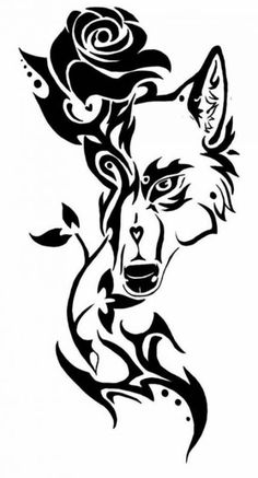 a black and white drawing of a fox with roses on it's head, in the shape of a tattoo