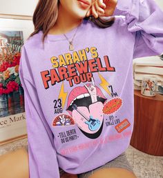 ✺ CUSTOM FAREWELL TOUR  BACHELORETTE SWEATSHIRT  ✺ Get this trendy Comfort Colors sweatshirt ! Rock your bachelorette party with these matching sweatshirts. Customize them the way you need ! * Q U I C K F A C T S * This design is a unique, one-of-a-kind awesome illustration that has been created in house. ✺ 80% ring-spun cotton, 20% polyester ✺ Medium heavy fabric ✺ Relaxed fit Please note that colours may appear different on different digital screens and may not be a true representation of the Spring Grunge Crew Neck Sweatshirt, Vintage Top For Fall Concert, Vintage Tops For Fall Concert, Long Sleeve Tops For Fall Concert, Band Merch Tops For Fall Concerts, Retro Fall Concert Tops, Retro Fall Tops For Concert, Punk Letter Print Sweatshirt For Concert, Retro Tops For Fall Concerts