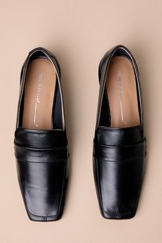 The Intentionally Blank Pinky Black Leather Square-Toe Loafer Flats have an understated chicness that makes them essential for creating effortlessly sophisticated looks! Sleek and smooth genuine leather creates a loafer-inspired silhouette with an exaggerated square-toe upper and a notched vamp with matching strap detail. The slip-on design makes these the perfect choice for everyday styling! Available in Euro sizes only. 0. 75" rubber heel. Lightly cushioned insole. Rubber sole has nonskid mark Elegant Slip-on Loafers With Pointed Toe, Formal Leather Flats With Pointed Toe, Sleek Almond Toe Office Flats, Modern Flat Loafers For Business, Sleek Almond Toe Flats For Formal Occasions, Sleek Almond Toe Formal Flats, Elegant Slip-on Flats With Square Toe, Chic Slip-on Formal Loafers, Sleek Pointed Toe Leather Shoes For Office