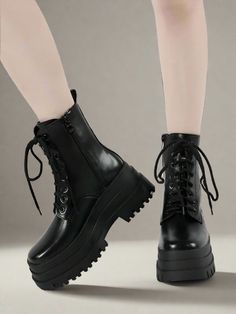 Boot Type: Martin Boots Shaft Material: PU Outsole Material: Rubber Upper Material: PU Season: Spring/Autumn Boot Height: Mid-Calf Item Type: BOOTS Heel Height: Low (1cm-3cm) With Platforms: Yes Platform Height: 3-5cm Gender: Women Goth Boots, Boots Heel, Lace Up Combat Boots, Boot Types, Martin Boots, Chunky Platform, Boots Fall, Trending Now, Mid Calf