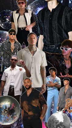 a collage of men with disco balls in the background and one man wearing sunglasses