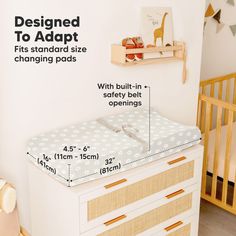 a baby crib is shown with measurements for it's bed and changing table