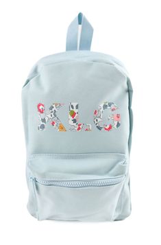 Betsy Gray Liberty of London Name Small Backpack - Light Blue Cute Blue Standard Backpack, Cute Light Blue Standard Backpack, Cute Blue Backpack For Back To School, Cute Blue Softback Backpack, Light Blue Backpack For Back To School, Cute Light Blue Backpack, Light Blue School Backpack, Light Blue Back To School Backpack, Everyday Light Blue Backpack For Back To School