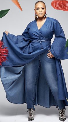 Denim Wrap Dress 1 piece Bell Sleeve Dress Colors: Dark Denim, Light Denim Sizes: One Size fit all up to a size 2X Denim Wrap Dress, Wrap Dress Outfit, Boho Wear, Denim Shorts Outfit, Denim Fashion Women, Denim Maxi Dress, Womens Denim Dress, Printed Casual Dresses, Belle Dress