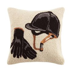 Add some elegance and equine flair to your home with this exquisite equestrian gear pillow. This stylish design is meticulously crafted from high-quality fabrics for a timeless look that will easily integrate into any room in the house. 100% Wool Velvet Backing Includes Polyester insert Zipper Closure Size: 16 in x 16 in Equestrian Style Decor, Horse Throw Pillows, Burlap Throw Pillows, Equestrian Chic, Hooked Pillow, Equestrian Decor, Hooked Wool, Wool Throw Pillows, Horse Decor