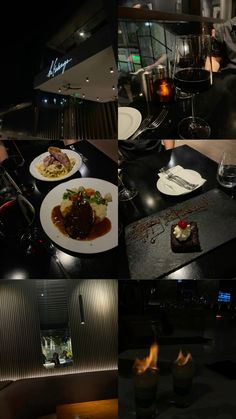 several different pictures of food and drinks on a table in a restaurant at night time