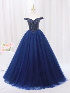 Blue Sequined Evening Ball Gown, Blue Embellished Ball Gown Evening Dress, Blue Tulle Ball Gown For Homecoming, Embellished Royal Blue Evening Dress For Prom, Blue Embellished Ball Gown For Evening, Blue Tulle Dress For Party, Blue Embellished Evening Ball Gown, Blue Tulle Party Dress, Blue Embellished Ball Gown For Prom Season