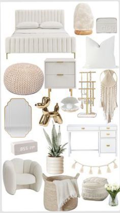 a collage of white furniture and accessories including a bed, chair, desk, mirror, table