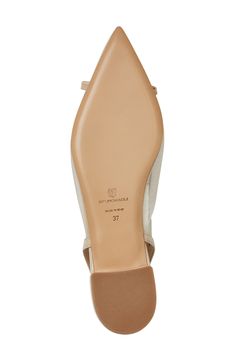 A pointy cap toe punctuates a sophisticated slingback flat fashioned with a dainty leather bow and breathable mesh side panels. Leather and textile upper/leather lining and sole Made in Italy Beige Flat Slingback Pumps For Formal Occasions, Elegant Beige Flat Slingback Pumps, Spring Calf Leather Slingback Pumps With Leather Lining, Spring Calf Leather Slingback Pumps, Spring Calf Leather Pointed Toe Slingback Pumps, Spring Calf Leather Slingback Pumps With Pointed Toe, Leather Slip-on Pointed Toe Flats For Evening, Leather Slingback Flats For Office, Spring Formal Pointed Toe Flats In Calf Leather