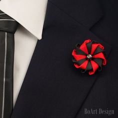 Lapel Pin/Red/Black Kanzashi Flower Lapel Pin/Hematite Natural Stone Bead/Lapel Flower/Mens Lapel Fl Lapel Flower Wedding, Necktie Crafts, Men's Brooch, Zipper Crafts, Japan Crafts, Flower Lapel, Pioneer Gifts, Flower Lapel Pin, Lapel Pins Mens