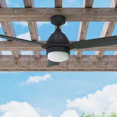 an outdoor ceiling fan mounted on a wooden pergolated roof with blue sky in the background