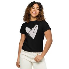 Made of 100% combed and ring-spun cotton, this t-shirt is ultra soft and smooth against the skin. With its flattering, longline fit and crew neck, this tee will look best paired with high-waisted bottoms. * 100% combed and ring-spun cotton * Fabric weight: 4.3 oz/yd² (145.79 g/m²) * Yarn thickness: 30 singles * Longline fit with a crew neck * Blind stitch on sleeves and hem * Tightly knit and side-seamed * Ultra soft hand feel * Tear-away label * Blank product sourced from Bangladesh This produc Trendy Black T-shirt With Heart Print, Fitted Casual T-shirt With Heart Graphic, Casual Short Sleeve T-shirt With Heart Print, Casual Heart Print T-shirt With Relaxed Fit, Casual Short Sleeve Tops With Heart Graphic, Trendy Fitted Tops With Heart Graphic, Trendy Fitted Top With Heart Graphic, Black Trendy T-shirt With Heart Print, Trendy Crew Neck Top With Heart Graphic