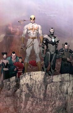 an artist's rendering of several superheros standing on top of a cliff