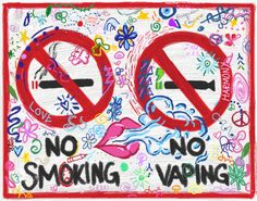 Maximalist No Smoking No Vaping Sign with red X's over a cigarette and vape. The background is white with multiple symbols and words in the back (i.e. harmony, hearts, peace signs, etc.) Fun Signs, Wallpaper Pc, Sign Art, Room Diy, Painting & Drawing, Poster Design, Print Quality, Art Inspiration, Arts And Crafts