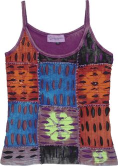 A stonewashed tank top is all you need to keep cool and feel fresh this summer.  With a unique patchwork of razor-cut elements and tie-dye details in a block pattern, this top truly stands out from the crowd. #tlb #Sleeveless #Patchwork #vacationclothing #beachwrap #TieDye #bohemianfashion #bohotanktop #summerhippietanktop Casual Patchwork Tank Top For Beach, Multicolor Patchwork Tank Top For Summer, Multicolor Batik Print Summer Top, Multicolor Batik Print Top For Summer, Hippie Cotton Tank Top, Summer Beach Tank Top With Patchwork, Bohemian Patchwork Tank Top For Summer, Patchwork Tank Top For Beach In Spring, Multicolor Cotton Patchwork Tank Top