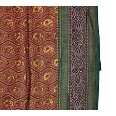 A lavish sari from India, hand-crafted out of a single piece of silk brocade. Mid 20th Century, circa 1970. Gold Paisley brocade on burgundy / deep red silk, with blue, green and gold lateral trim. Fully reversible with opposite colors.   Can be used as a throw, wall tapestry, curtain or bedspread.   Measures 107" long, 43" wide. Brocade Pre-draped Saree With Traditional Patterns, Bollywood Style Burgundy Dupatta In Traditional Drape, Bollywood Style Burgundy Dupatta, Traditional Raw Silk Pre-draped Saree For Formal Occasions, Formal Jamawar Dupatta For Transitional Season, Formal Traditional Drape Dupatta For Festivals, Traditional Burgundy Dupatta With Pallu, Formal Tussar Silk Dupatta For Transitional Season, Burgundy Traditional Wear With Pallu For Festivals