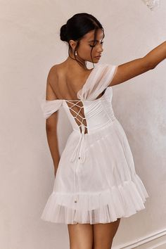 Shop the Pixi Off-Shoulder Lace-Up Back Mini Dress White | Selfie Leslie Yellow Bridesmaid Dresses, Satin Clutch, Purple Bridesmaids, Yellow Bridesmaids, Red Bridesmaids, Mini Dress White, Off Shoulder Fashion, Lace Bodycon Dress, Blue Bridesmaids