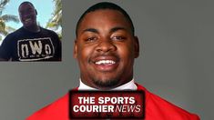 a man in a red shirt is smiling and wearing a black t - shirt that says the sports courier news