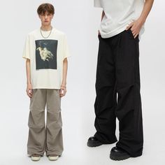 Pleated Parachute Cargo Pants - chiclara Urban Wide Leg Work Pants With Relaxed Fit, Wide-leg Work Pants With Cargo Pockets For Streetwear, Baggy Wide Leg Work Pants For Streetwear, Casual Baggy Cargo Pants With Belt Loops, Casual Wide-leg Parachute Pants With Belt Loops, Relaxed Fit Wide Leg Techwear Cargo Jeans, Relaxed Fit Wide Leg Parachute Pants With Belt Loops, Oversized Cargo Pocket Trousers, Urban Style Wide Leg Parachute Pants