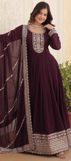 Purple and Violet color Gown in Faux Georgette fabric with Embroidered, Sequence work Wine Gown, Punjabi Wedding Dress, Wedding Dresses Pakistani, Lehenga Crop Top, Bollywood Lehenga