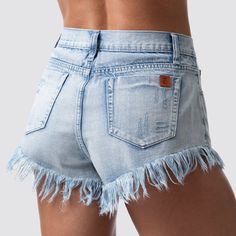 A staple in every wardrobe is jean shorts. Introducing Born Primitive Female Freedom Jorts. These women's cut off shorts feature a light wash, a mid-rise waist and a short 1" inseam with a 1" fringe bottom. These cheeky jean shorts are not fitness shorts. They are going to fit like a normal cut jean short. These light blue jean shorts for women are going to taper in on the waist, so if you don't want them to be snug in the waist, order up. These will not fit like a booty short- rather a normal j Athletic Bodies, Cut Jean Shorts, Light Blue Jean Shorts, Born Primitive, Star Shorts, Shorts Fits, Compression Bra, Fitness Shorts, Athletic Body