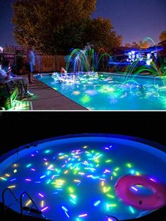 two pictures with different colored lights in the water and one has a donut on it