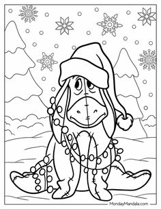 a coloring page with a cartoon dog wearing a santa hat and scarf, sitting in the snow