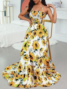 Sunflower Slim Elastic Summer Dress Stylish Maxi Dress, Sunflower Dress, Backless Maxi Dresses, Style Maxi Dress, Winter Fashion Outfits, Womens Maxi Dresses, Printed Maxi Dress, Yellow Dress, Dress Fabric