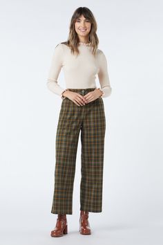 Checked pant- a preppy check with pops of zingy colour- fly zipper front and button opening- straight leg- high waisted fit- front pockets- made of a polyester viscose blend- available in olive and plum Product Code: PGFV212 Plaid Straight Leg Pants For Fall, Fall Plaid Long Bottoms, Fall Plaid Long Pants, Plaid Long Pants For Fall, Plaid High-waisted Pants For Fall, High-waisted Plaid Pants For Fall, High Waist Plaid Pants For Fall, Plaid Wide-leg Pants For Fall, Plaid Wide Leg Bottoms For Fall