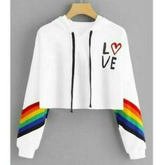 (Ad)eBay - Lady Crop Top Hoodie Sweatshirt Pullover Rainbow Striped Hooded Harajuku New Womens Sweatshirts Fashion, Crop Pullover, Letter Print Hoodie, غرفة ملابس, Ținută Casual, Modieuze Outfits, Kawaii Clothes