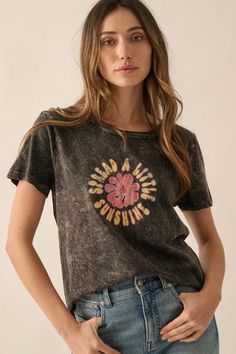 Spread a Little Sunshine Vintage-Wash Graphic Tee Text Print, Flower Graphic, Vintage Canvas, Round Neckline, Graphic T Shirt, Tops Designs, Graphic Tshirt, Graphic Tees, Vintage Fashion