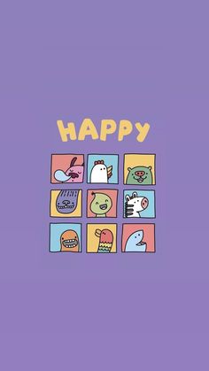 the words happy are written in small squares on a purple and blue background with images of animals