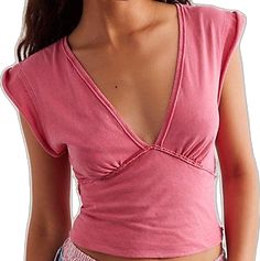 Casual Pink V-neck Top For Summer, Relaxed Fit V-neck Top For Summer Loungewear, Cotton Relaxed Fit V-neck Top For Loungewear, Relaxed Fit Cotton V-neck Top For Loungewear, Stretch V-neck T-shirt For Day Out, Summer Cotton V-neck Top With Relaxed Fit, Casual Cotton V-neck Top For Summer, Summer Cotton V-neck Top For Day Out, Trendy Fitted V-neck Top With Short Sleeves