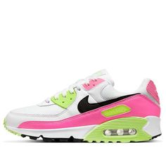 Nike Womens WMNS Air Max 90 'Pink Volt' White/Black/Pink Blast/Ghost Green CT1030-100 (SNKR/Women's) Nike Air Max 90 Pink, Air Max 90 Pink, Air Max 90 Women, Marathon Running Shoes, Nike Womens, Round Toe Heels, Running Shoes Sneakers, Nike Air Max 90, Air Max