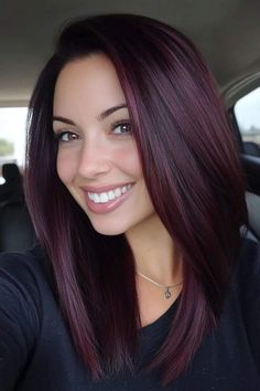 Brown Hair With Black Peekaboo, Dark Hair Red Underneath, Berry Hair Color Plum, Dark Brown And Burgundy Hair, Dark Brown Underneath Blonde On Top, Burgundy Hair With Highlights Caramel, Burgundy Hair Plum, Brunette Red Balayage, Cherry Purple Hair