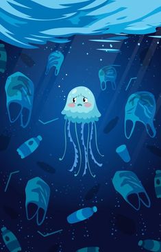 an underwater scene with jellyfish and plastic bottles