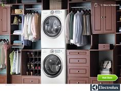 a washer and dryer in a closet with clothes on the shelves next to it