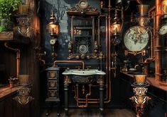 an old fashioned bathroom is decorated in black and gold with clocks on the wall above the sink