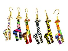 These beautiful, colorful Giraffe Earrings will make any outfit pop!  They are made with enamel colors on a gold plated back with hypoallergenic hooks.  Giraffes are so popular and everyone will want to know where you found them!  Make great gifts. Giraffe Clay Earrings, Giraffe Gifts For Adults, Animal Design Dangle Earrings As Gift, Giraffe Earrings, Colorful Giraffe, Giraffe Jewelry, Giraffe Figurine, Earrings Colorful, Pensacola Fl