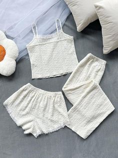 Summer Solid Color Splice Lace & Jacquard Strap Top + Shorts + Long Pants 3pcs Suit | SHEIN USA Shorts Pants, Strap Top, Pajama Set Women, Strap Tops, Pajama Sets, Pj Sets, Cami Top, Cami Tops, Long Pants