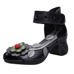 Details: Item Type: Women Peep-Toe Sandals Upper Material: Top Grain Leather Sole Material: Rubber Heel Height: 6CM Color: Black, Red, Gray Style: Retro Size Tips: For customers with wider feet, or a higher instep, we recommend sizing up to ensure a comfortable fit. Please consider your foot width when selecting your shoe size and refer to the INTERNATIONAL SHOE SIZE CHART below for details. Chunky Heel Sandals, High Heeled Sandals, Peep Toe Shoes, Chunky Heels Sandals, Shoes Summer, Peep Toe Sandals, Leather Flowers, Round Top, Ethnic Style