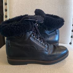 Bally Switzerland Women’s Fold-Over Leather Shearling Lace Up Ankle Boots Booties In Black. Leather With Shearling Lining. Can Be Worn Folded Up Or Down (See Photos). Some General Wear As Shown In Photos But Overall In Very Good Condition. Size Women’s Us 6 (36 But Does Run In Line With Us Women’s Size 6). Ankle-high Leather Boots With Faux Fur Lining, Shearling Boots With Leather Lining For Winter, Designer Leather Winter Boots, Winter Boots With Wool And Leather Lining, Designer Leather Boots For Winter, Black Leather Boots For Cold Weather, Cold Weather Black Leather Boots, Winter Designer Leather Boots, Luxury Leather Boots With Faux Fur Lining